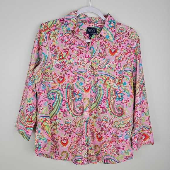 Chaps Tops - Chaps Button Down Shirt Womens L Pink Paisley Classics Cotton Long Sleeve G282